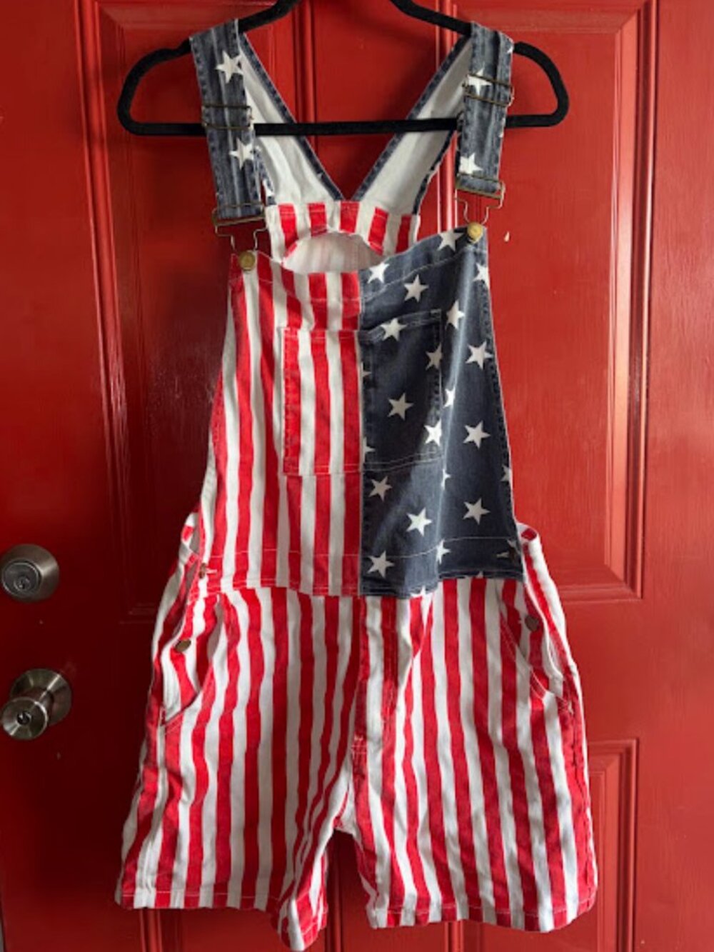 Unisex American Flag Denim Short Overalls - Size Xl - Red, White & Blue